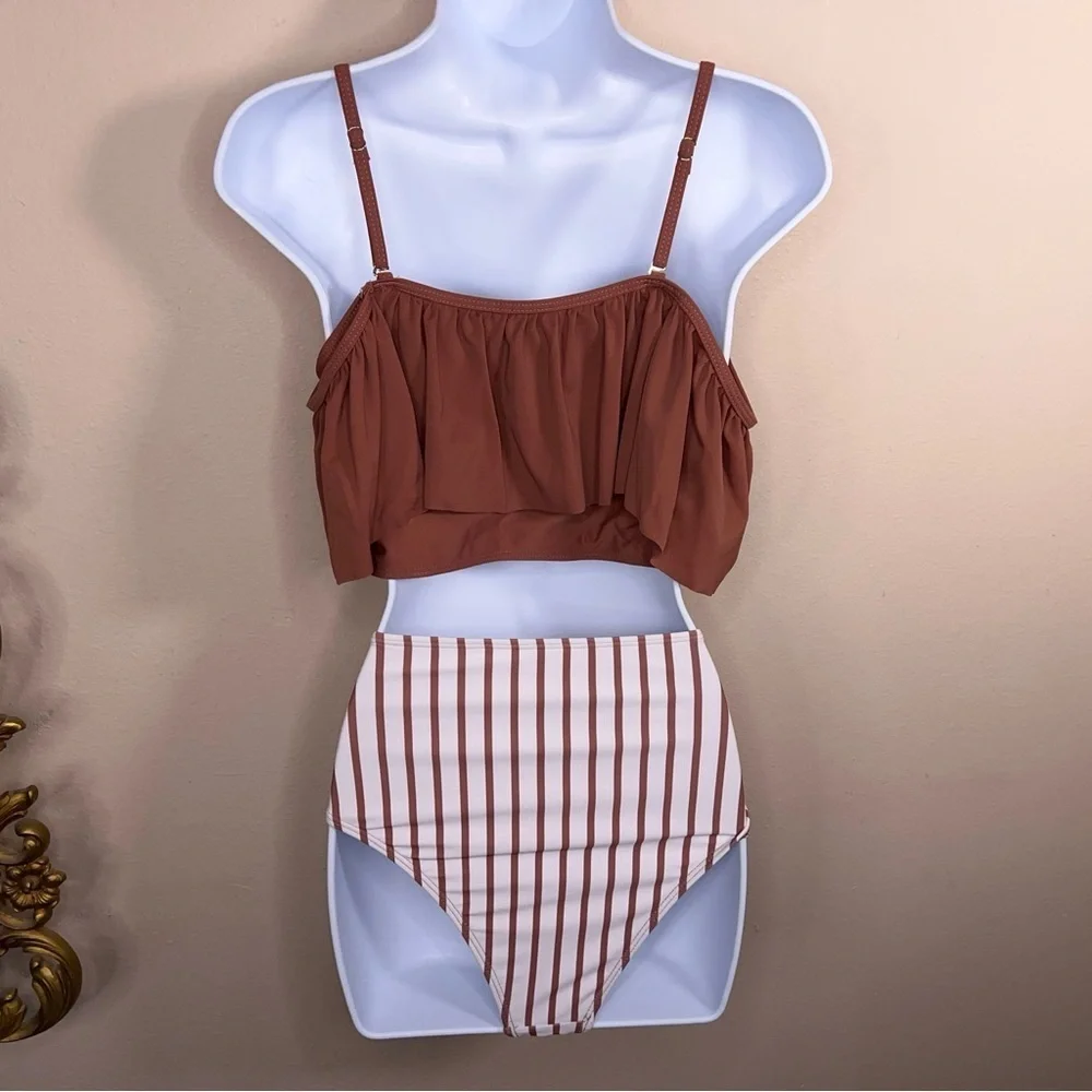 Large Tan Brown White Two Piece Swimsuit Womens Ruffle Top High Waist Striped